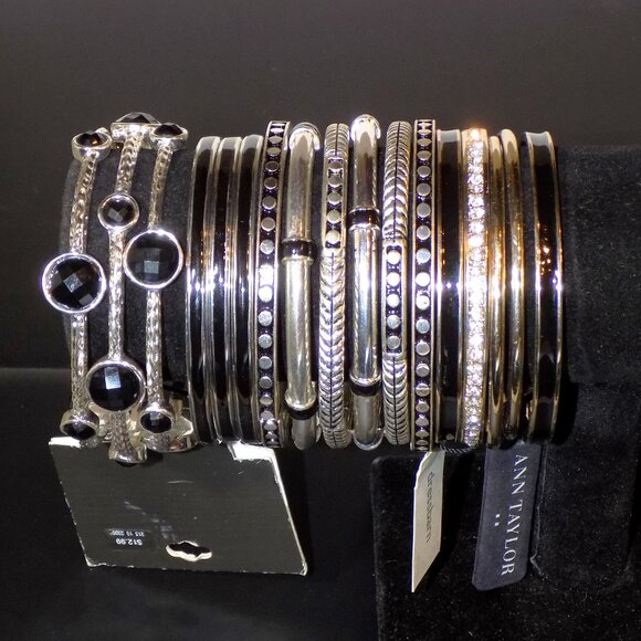 Ann Taylor Jewelry - Lot 17 Black Silver Bangle & Stretch Bracelets Bundle.  Ann Taylor, Dressbarn